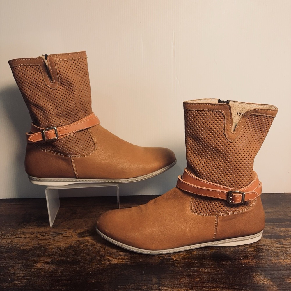 Antica Cuoieria Leather Ankle Boots Womens US 9 Cognac Brown Buckle Side‎ Zip